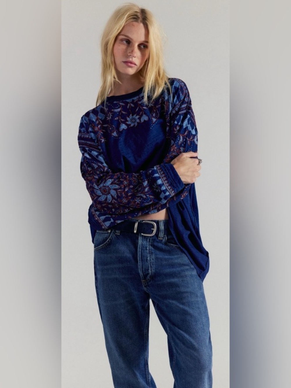 NWT Free People XS We the Free Deck of Cards Long Sleeve Tee in Indigo Combo New